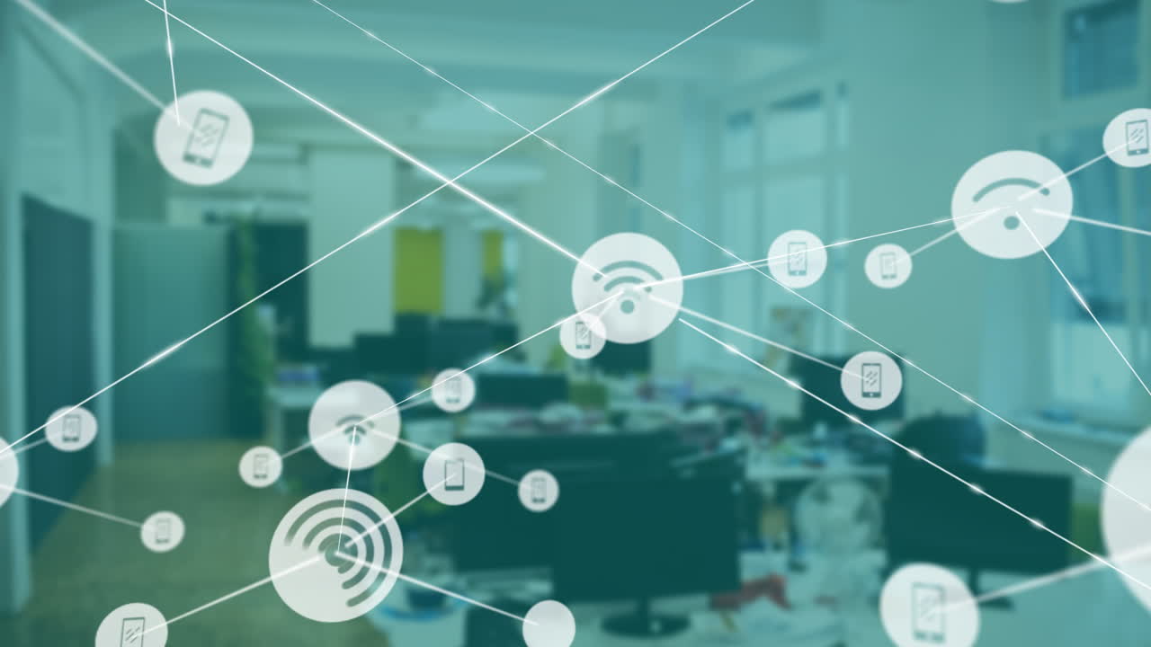 Network of connections and data processing animation over office environment