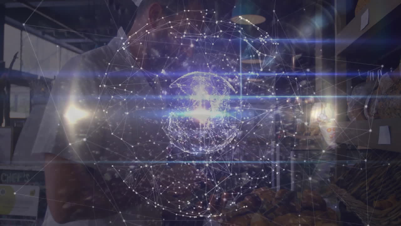 Man browsing grocery market, interacting with glowing hologram sphere, highlighting produce