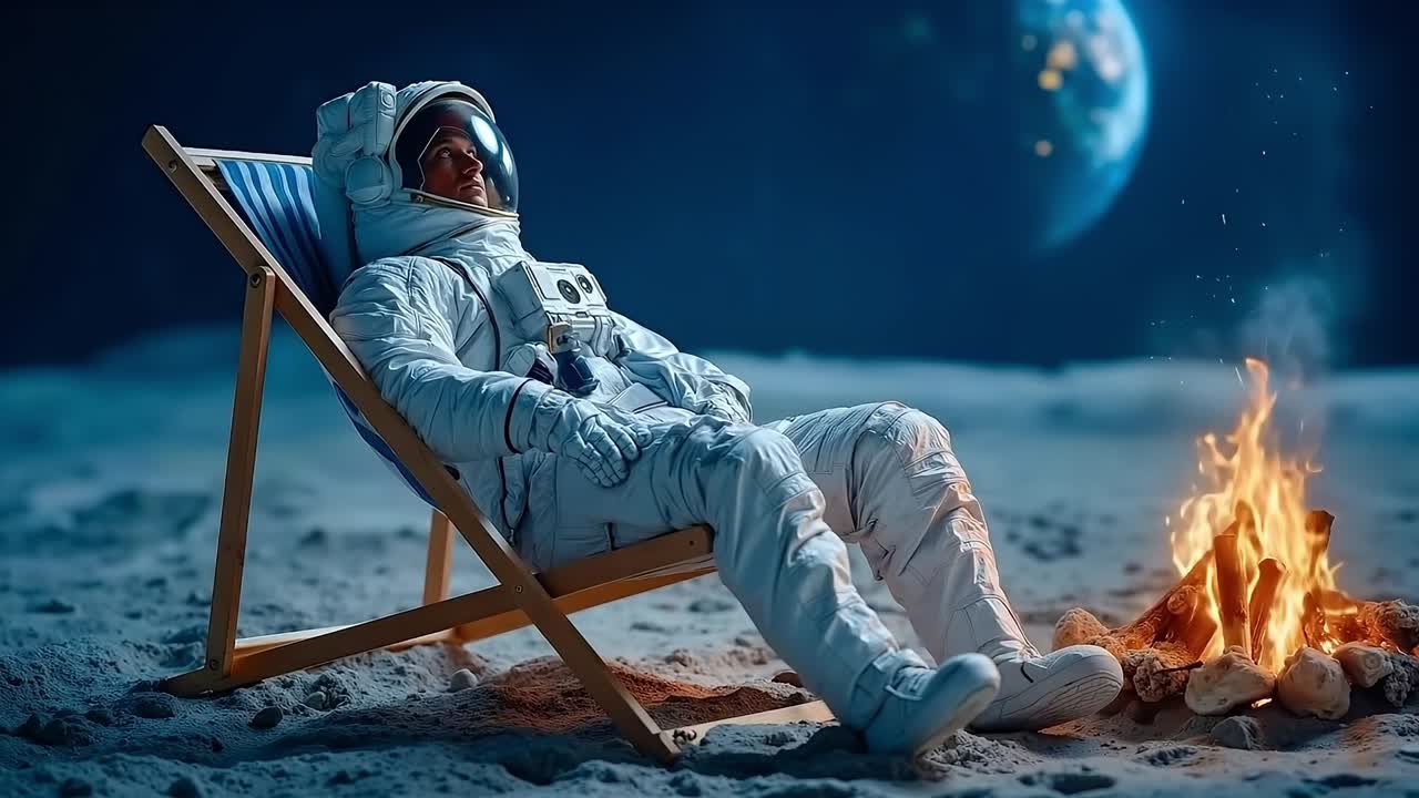 A man in an astronaut suit sitting in a chair next to a campfire