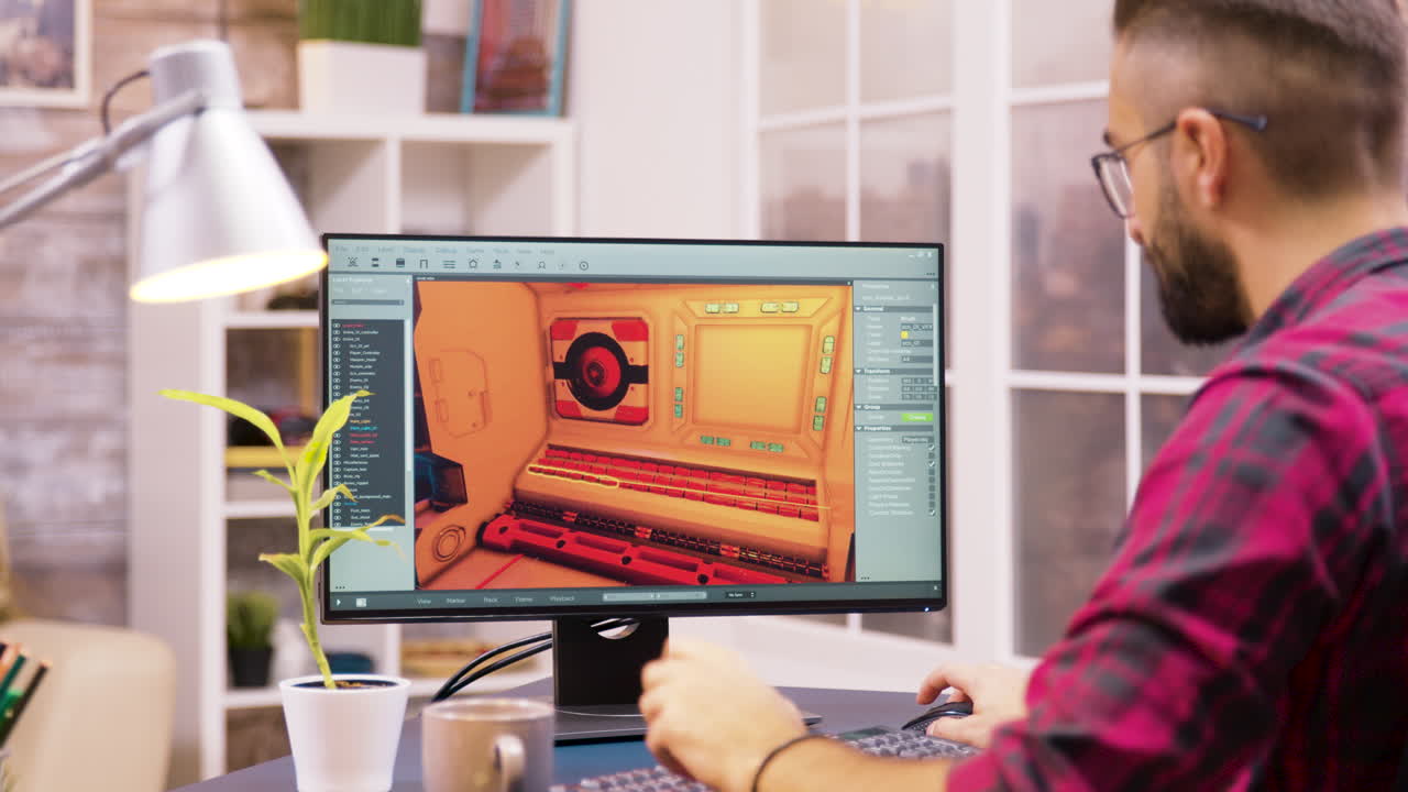 A man working on a 3D model on a computer while a woman talks on a cellphone in the background