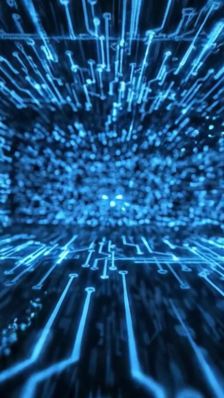 Un viaggio visivo mozzafiato attraverso una rete ipnotica di flussi di dati blu elettrico, che cattura l'essenza della trasformazione digitale e della connettività tecnologica.