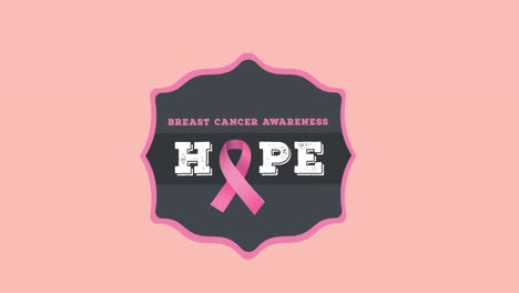 animation of pink ribbon logo and breast cancer text appearing on pink background