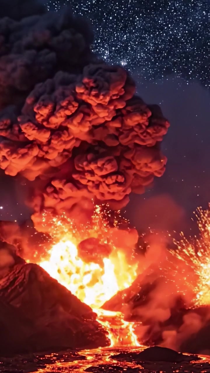 Spektakulært vulkanutbrudd som spyr ut lava og aske, under en stjerneklar nattehimmel som illustrerer naturens rå krefter.