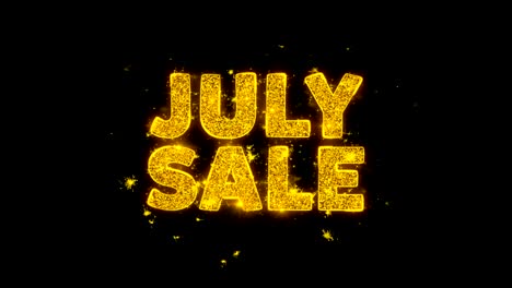 july sale text sparks particles on black background.