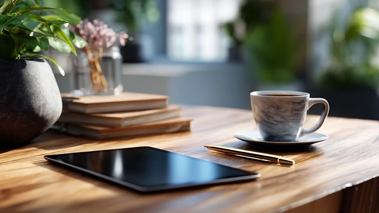 A cozy workspace featuring a steaming cup of coffee, a sleek tablet, and decorative plants, creating a serene atmosphere for productivity and relaxation