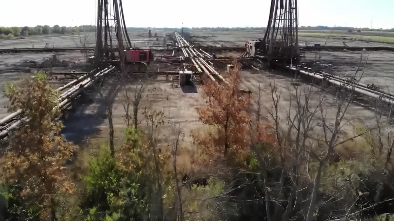 Abandoned Oil Field With Dormant Equipment and Overgrown Landscape in Rural Area