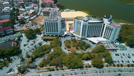 victoria island lagos, nigeria - 24 june 2021: drone view of the biggest hotel in lagos nigeria - eko hotels and suites. it hosts the largest and biggest events in nigeria and west africa annually.