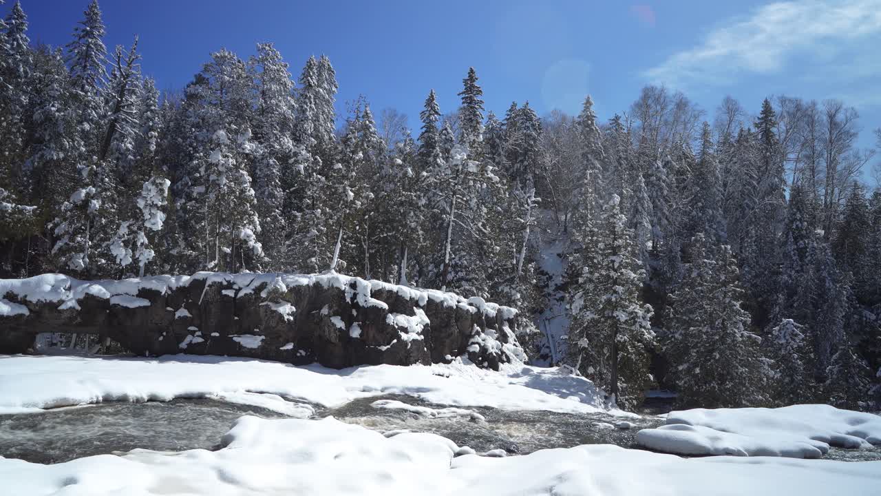 Pine Trees In The Forest Covered In Snow With River in the Foreground. - wide shot