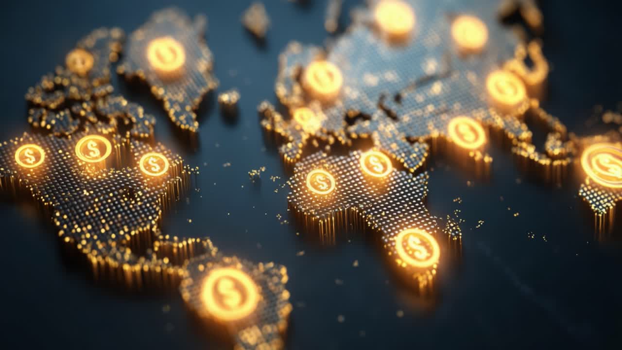 Illuminated Global Map Featuring Currency Symbols Highlighting Financial Connections Across Continents in a Digital Representation