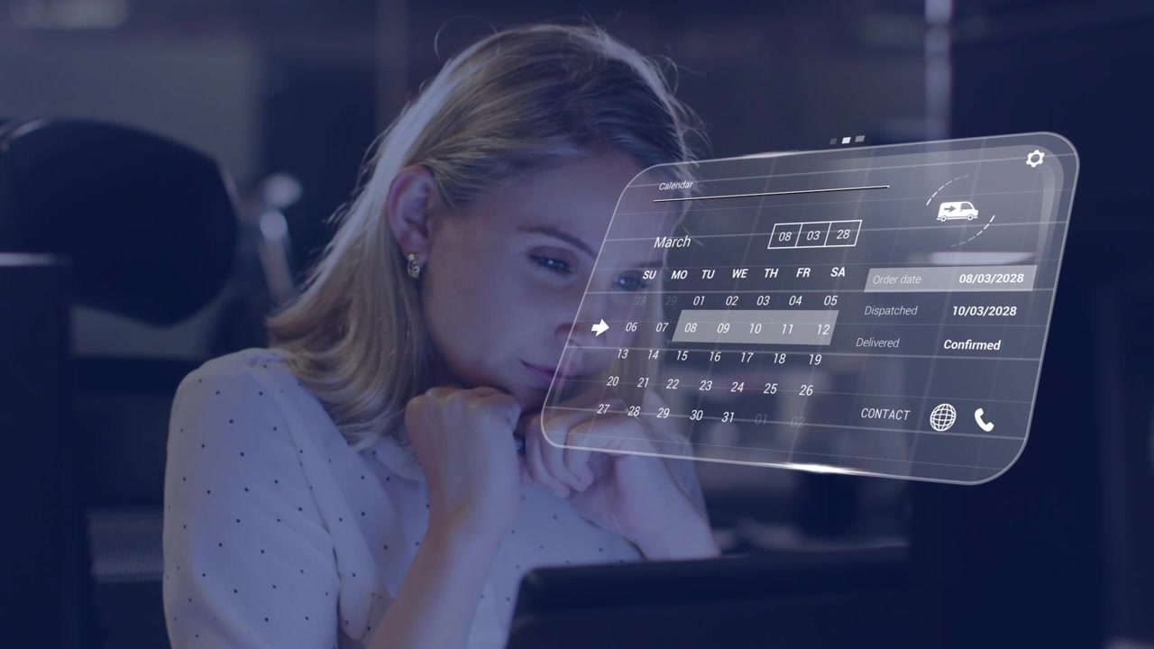 Vertical video: Noticing holo calendar popup, woman in blouse tapping dates at desk checking orders