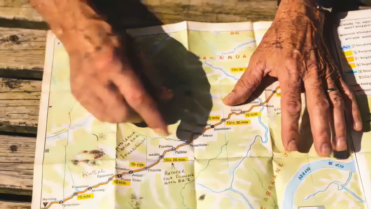 Planning trip, tracing senior left finger along map on wooden picnic table, locating mile markers