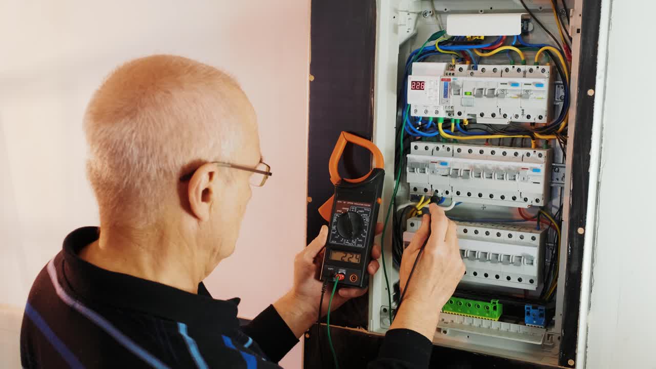 los electricistas ponen las manos a probar la corriente eléctrica en el panel de control. el ingeniero electricista trabaja midiendo el voltaje y la corriente de la línea eléctrica en el control del gabinete eléctrico.