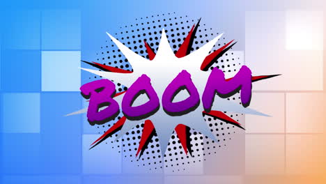 boom text on speech bubble against boxes moving on blue background