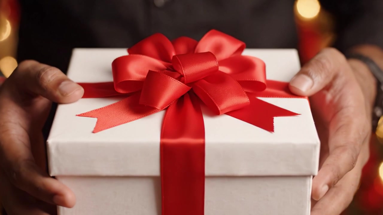 Un Primer Plano de una Hermosa Caja de Regalo Elegantemente Envuelto Siendo Sostenida, Perfecta para Celebraciones y Ocasiones Especiales con un Lazo Rojo Brillante y un Fondo Festivo