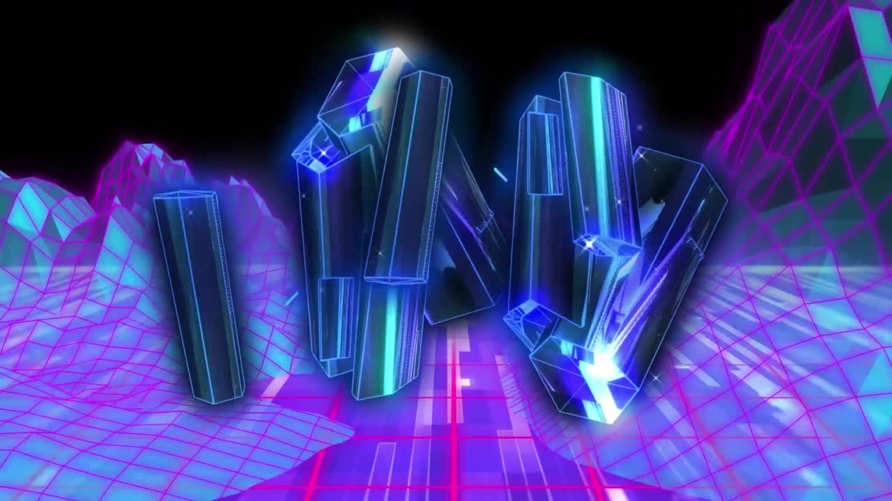 검은 바탕에 3d 산의 그리드 패턴 위에 조명 된 추상 패턴의 애니메이션