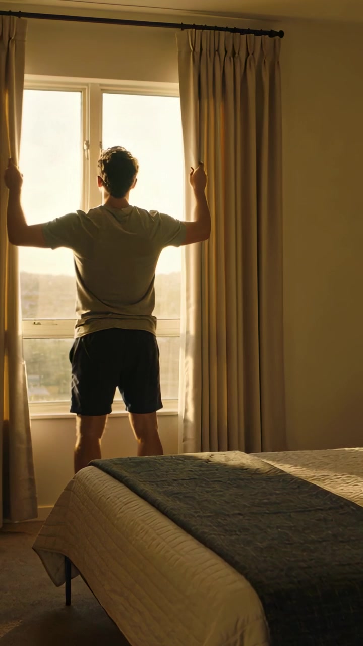 Video verticale: Un uomo adulto chiude le tende alla finestra della camera da letto per bloccare la luce del sole, con il letto in primo piano.