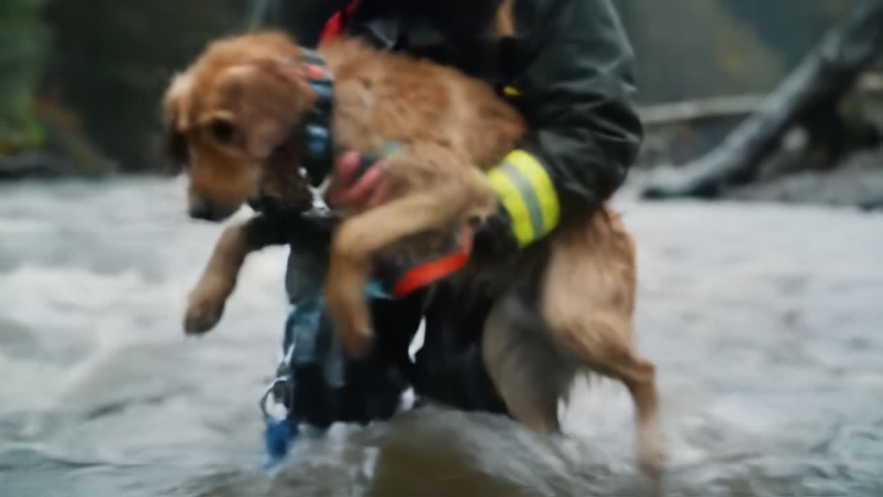 A Brave Rescue: Firefighter Saves a Golden Retriever from Rising Waters in Dramatic River Scene