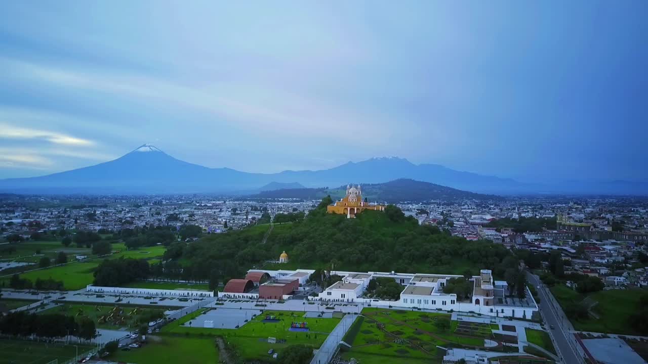 Flying over Cholula Mexic in the city in Puebla aerial Footage