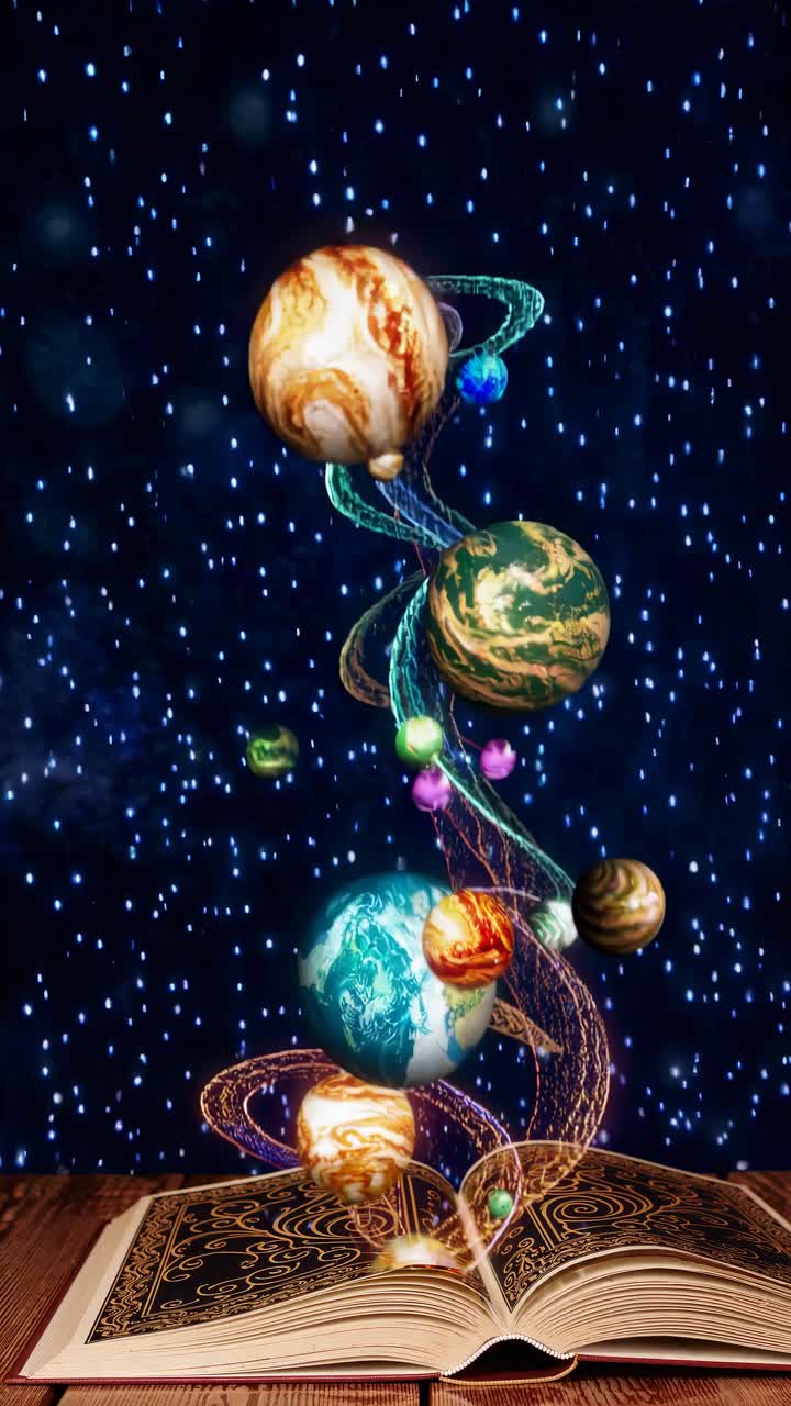 A surreal video concept with planets spiraling from an open book. Shot from a low angle