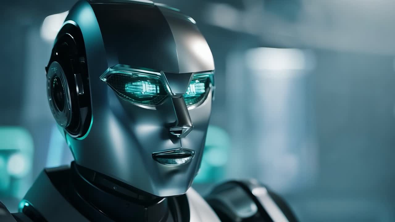 el robot mueve su cabeza, observando el entorno en un laboratorio futurista lleno de tecnología avanzada e innovación