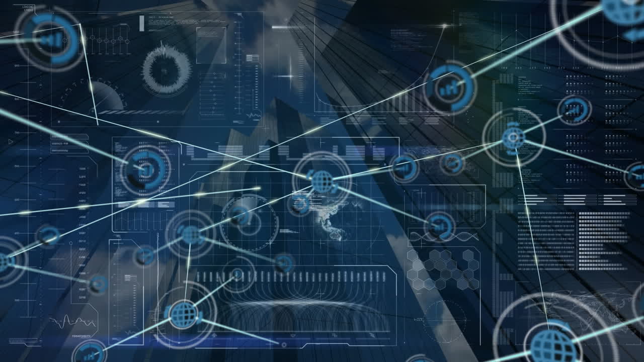 Animation of network of connections over data processing and cityscape