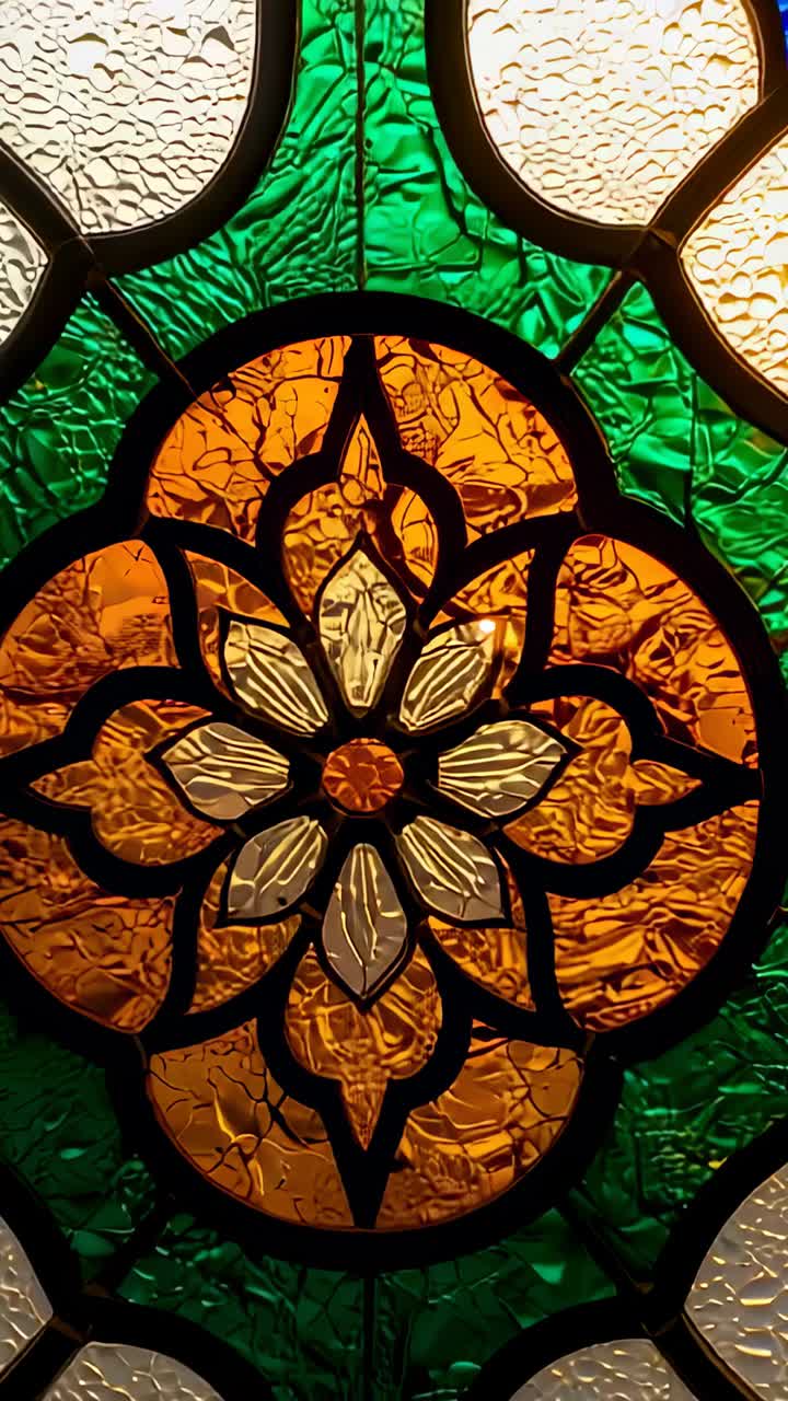 Vertical video: Moving camera revealing amber medallion inside, lead lines, blue accents, backlight