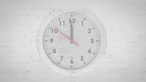 animation of mathematical equations over clock on white background