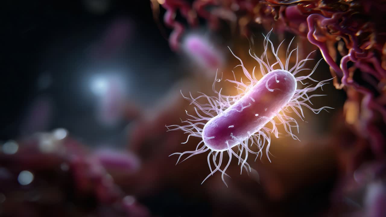 Close-Up Visualization of a Microbial Organism Capturing Intricate Details of a Bacterium with Flagella in a Dark, Abstract Environment