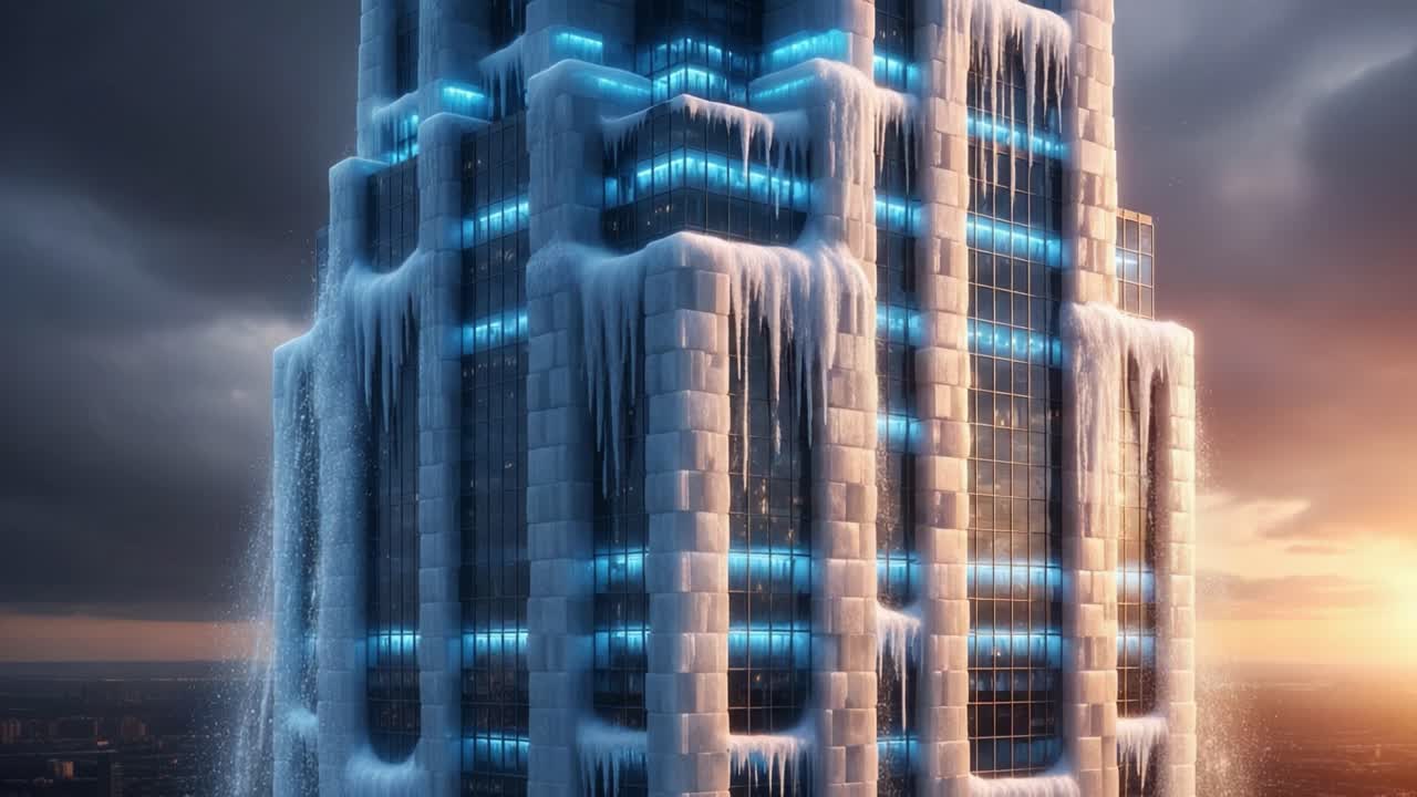 A Stunning Ice-Covered Skyscraper Glows in the Sunset, Showcasing Architectural Beauty Amidst Winter's Glistening Touch and Dramatic Weather Conditions