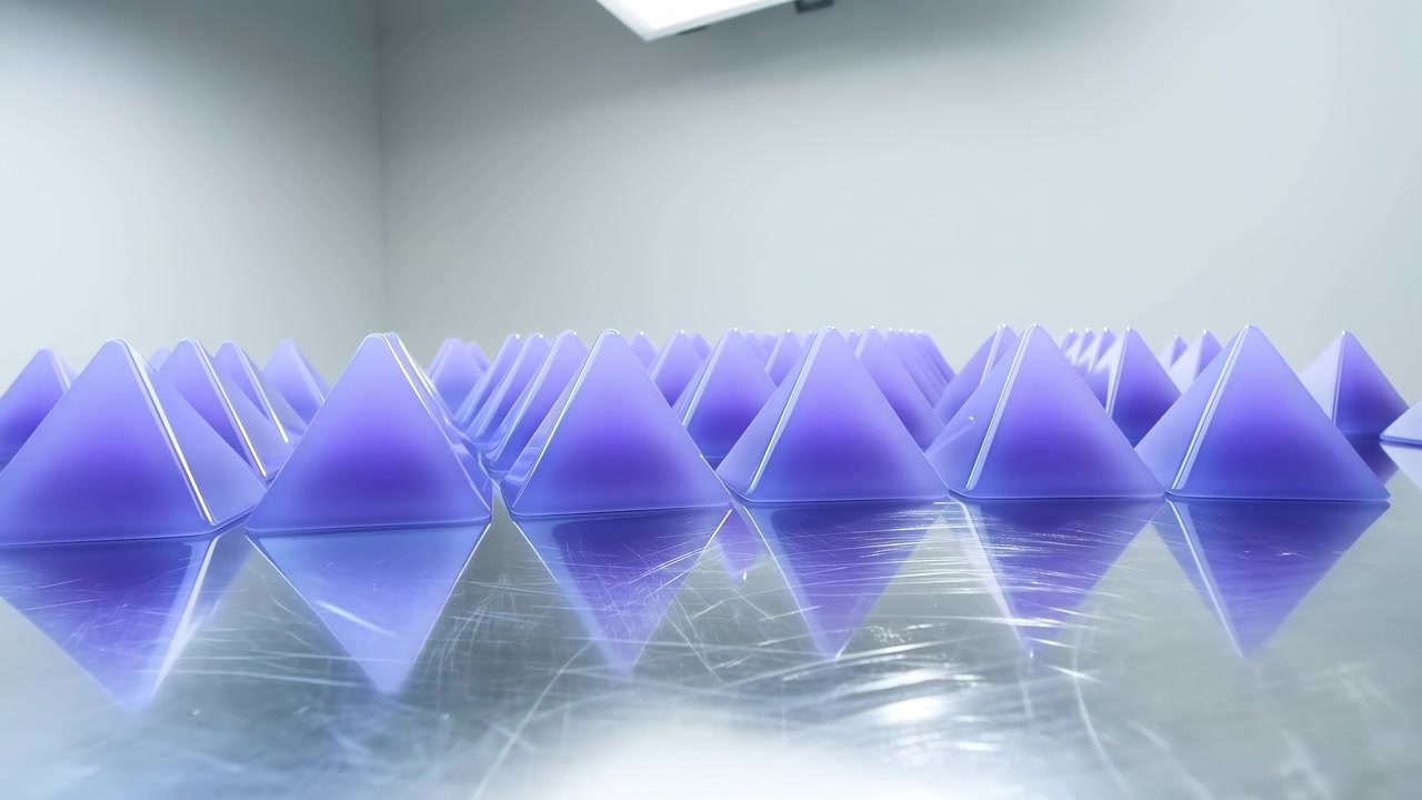 Statisk lavvinkelbillede af gennemsigtige lilla pyramider opstillet på en reflekterende metallisk overflade inde i et blegt minimalistisk rum, med blødt ovenlys, blank tekstur, lyse højdepunkter og rent.