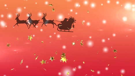 Animation-of-santa-claus-in-sleigh-with-reindeer-over-christmas-gold-stars-and-glowing-spots