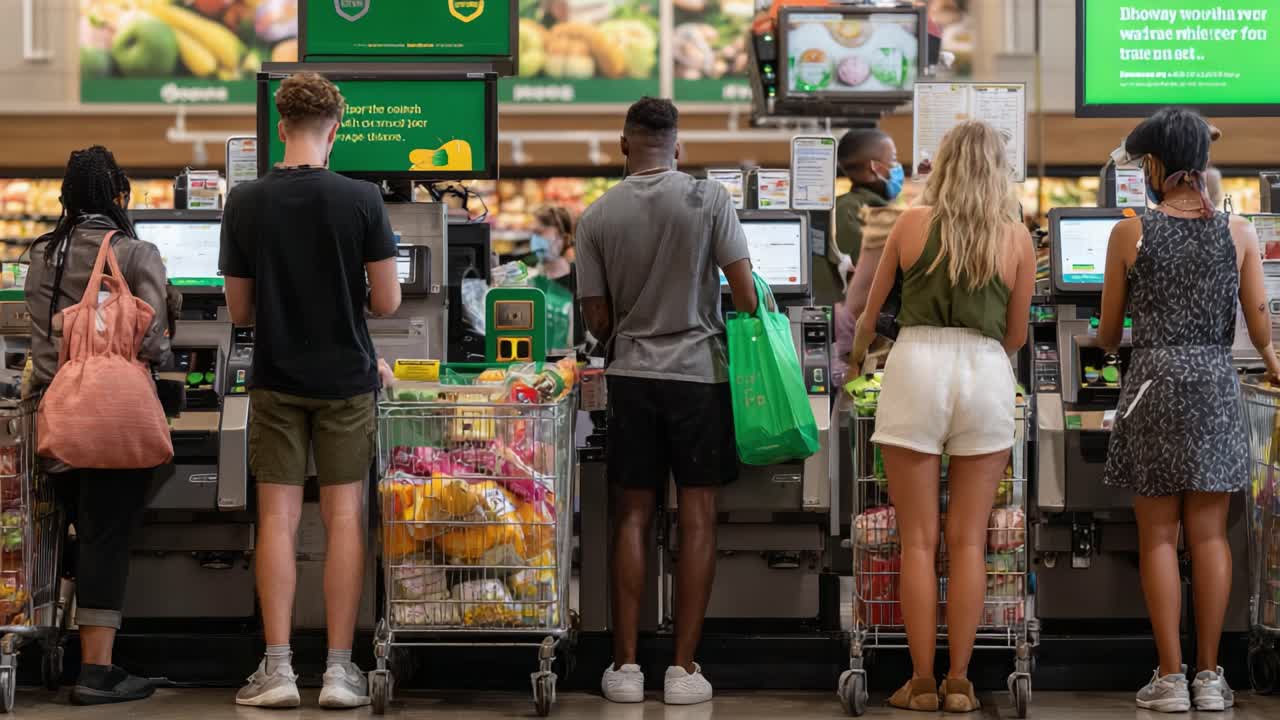 A Busy Grocery Store Scene Featuring Shoppers at Self-Checkout Stations, Highlighting Diverse Consumers Engaging in Their Shopping Experiences and Transactions