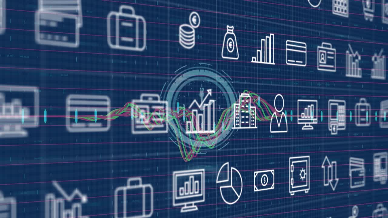 Animation of icons over clock and data processing