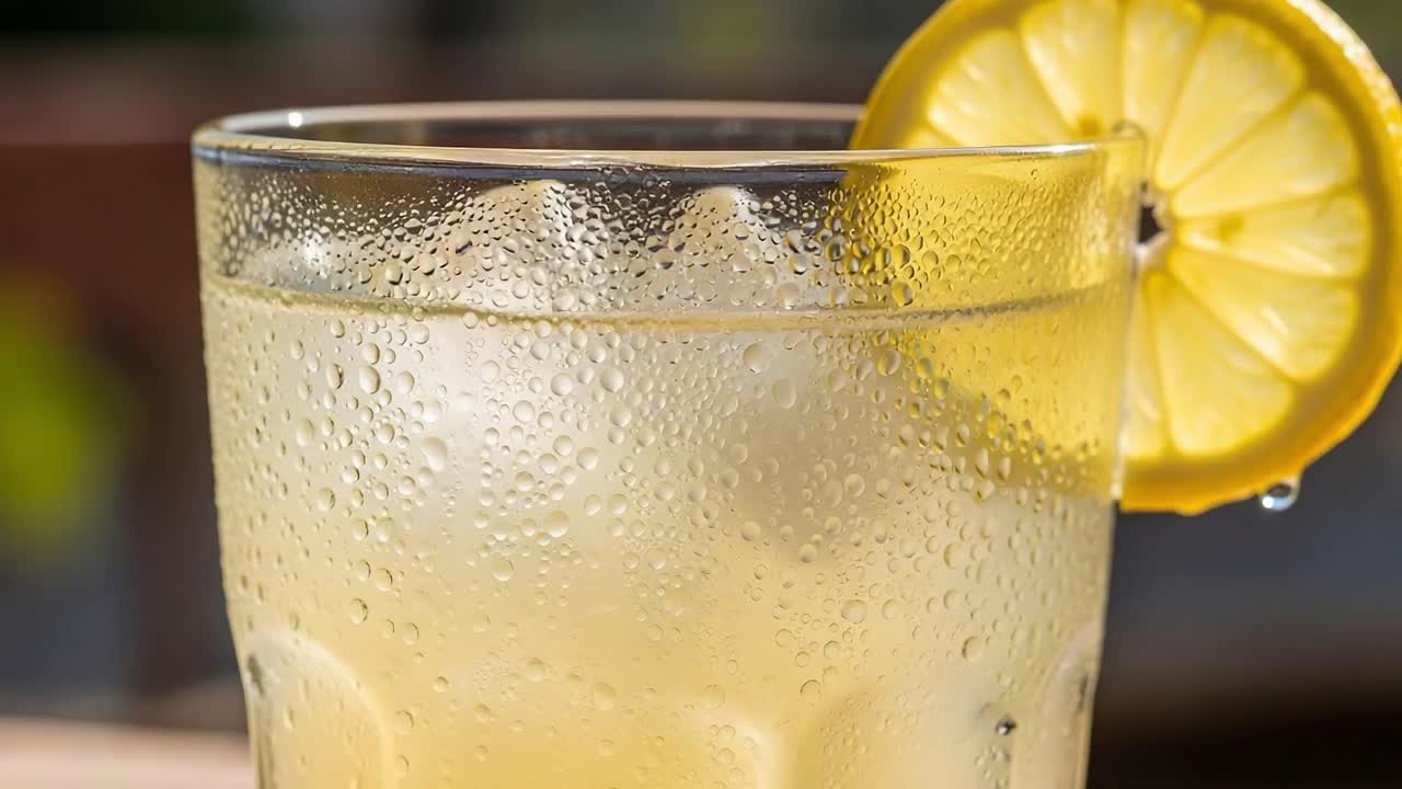 Refreshing Beverage with Lemon Slice: A Close-Up of a Frosted Glass Filled with Iced Drink, Showcasing Ice, Lemon, and Condensation in Bright Sunlight