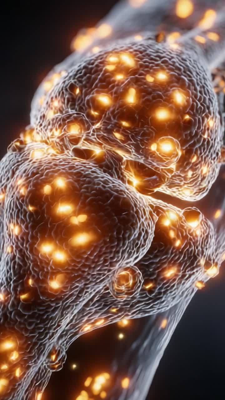 Una visualizzazione straordinaria di una struttura cellulare che evidenzia i dettagli intricati delle interazioni sinaptiche, enfatizzando l'attività bioluminescente nei percorsi neurali