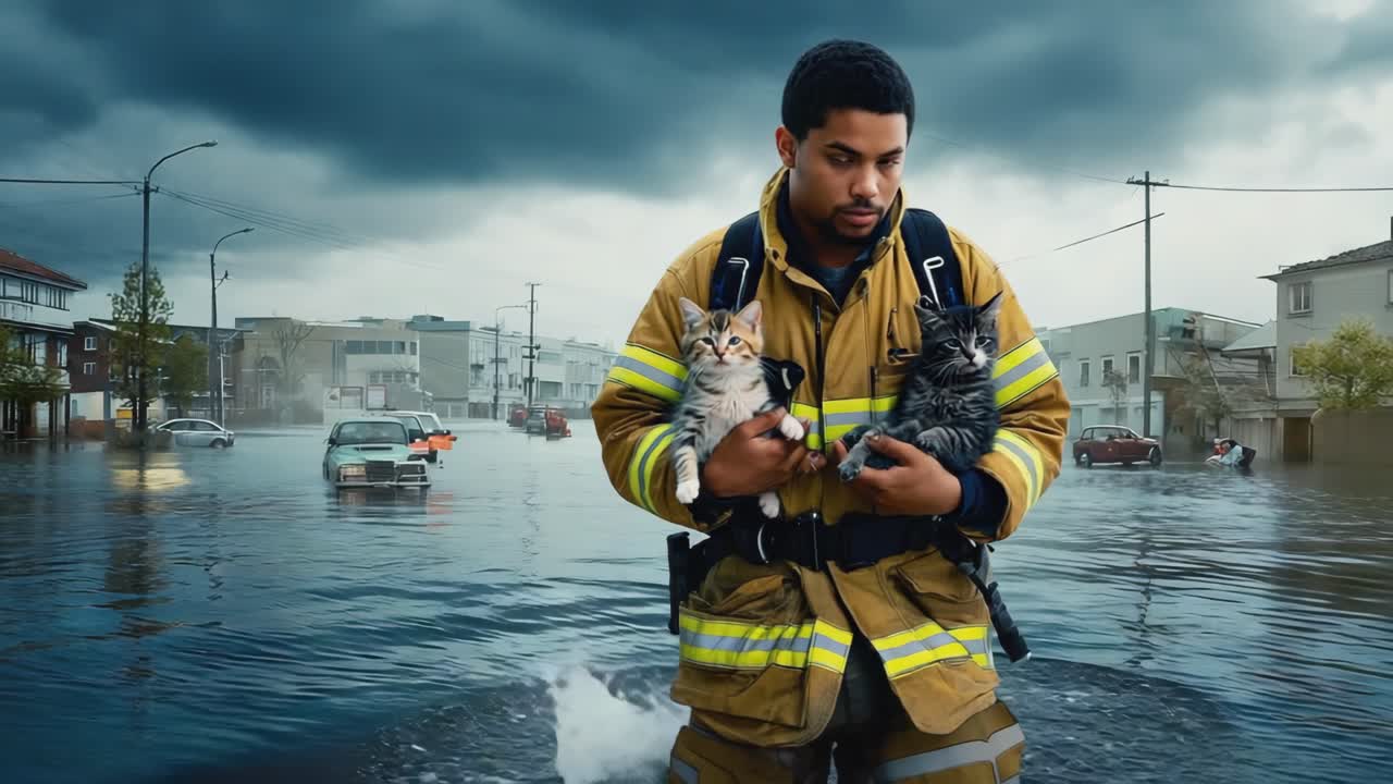 Firefighter Rescues Cats from Flood