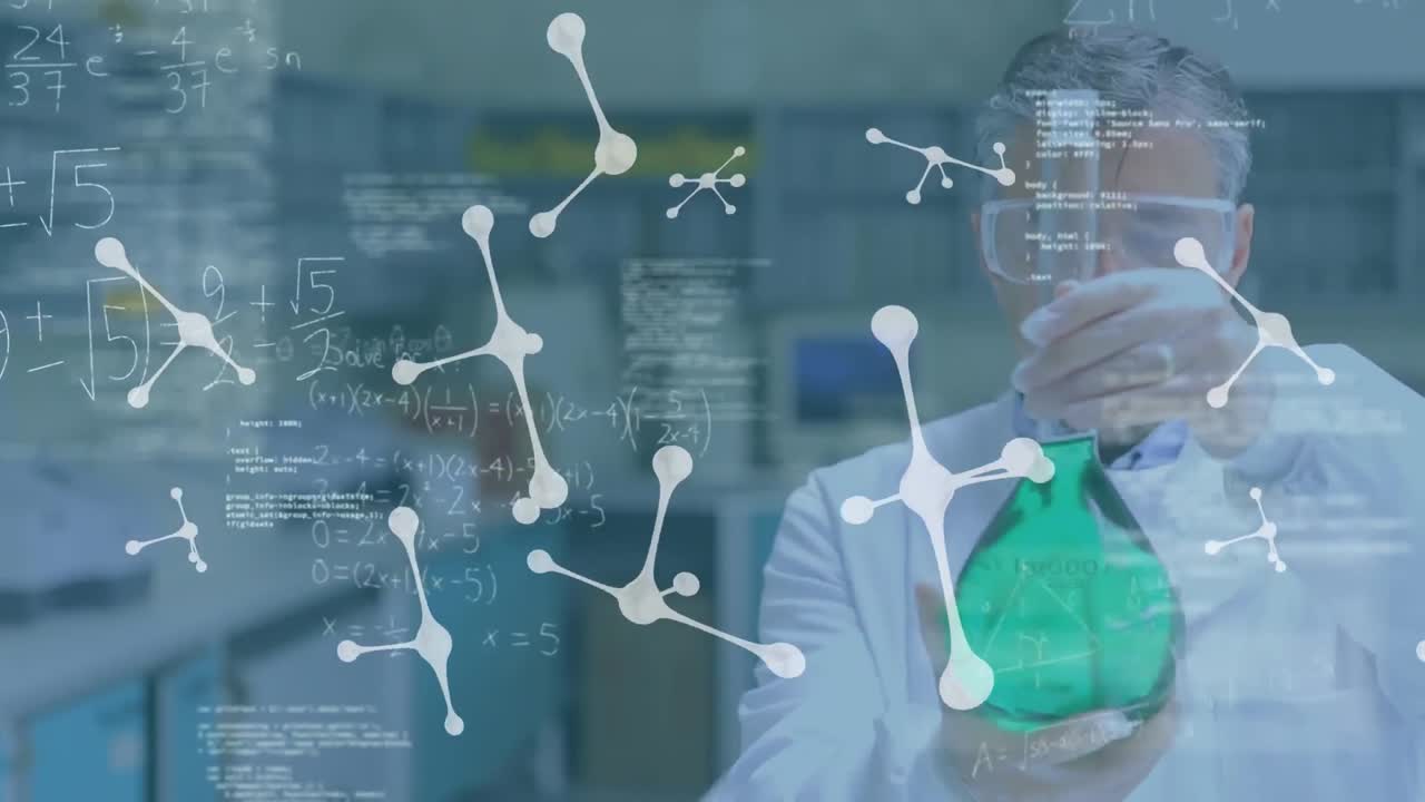 animación de estructuras moleculares flotando sobre un científico caucásico que trabaja en un laboratorio