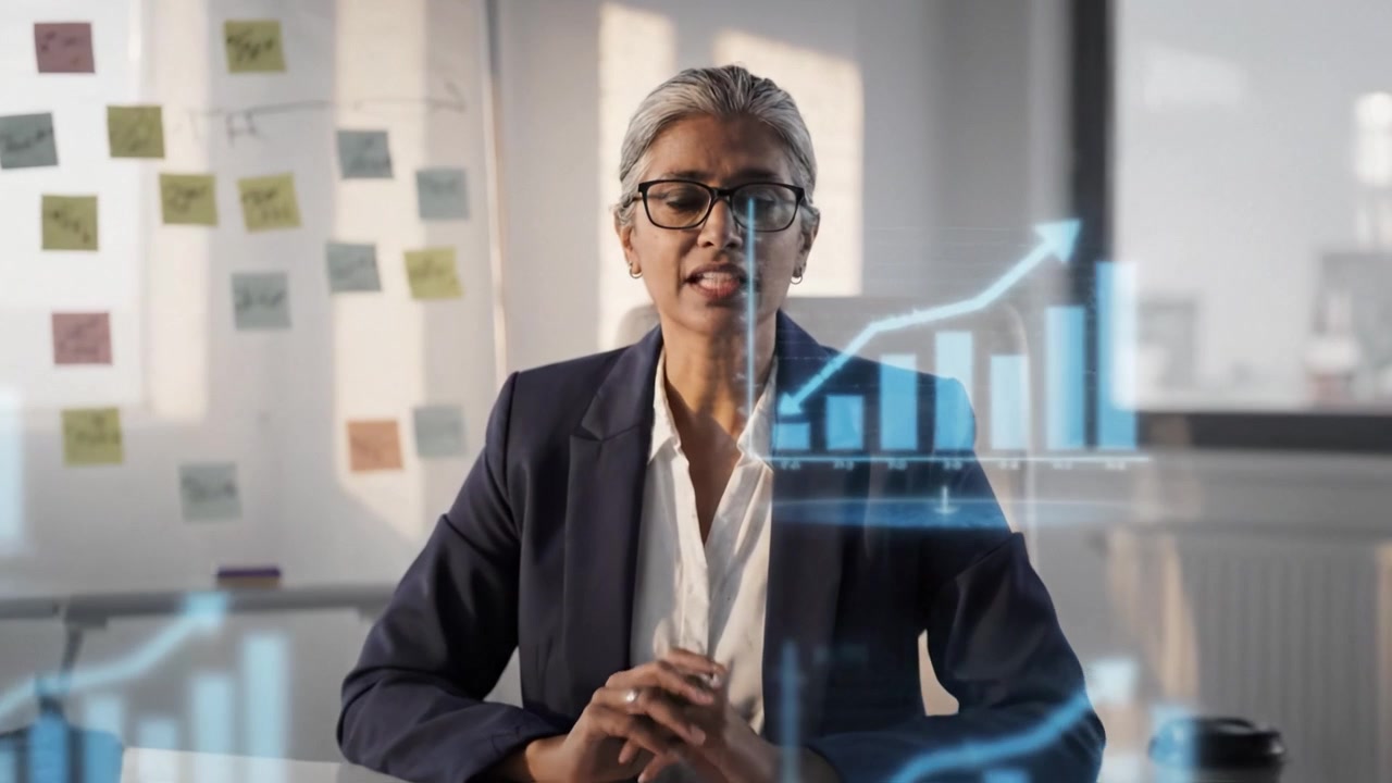 Dynamic Business Meeting with Professional Woman Leading Discussion Using Data Visualization Tools to Engage Audience and Enhance Understanding of Key Metrics
