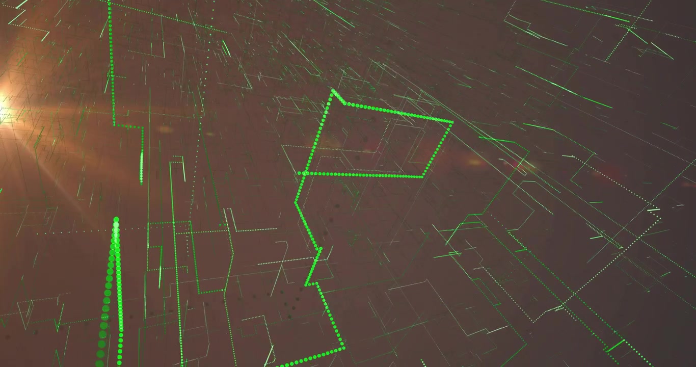 Left orange flare starting neon-green wireframe rising, rotating, thinning, fading to reveal grid