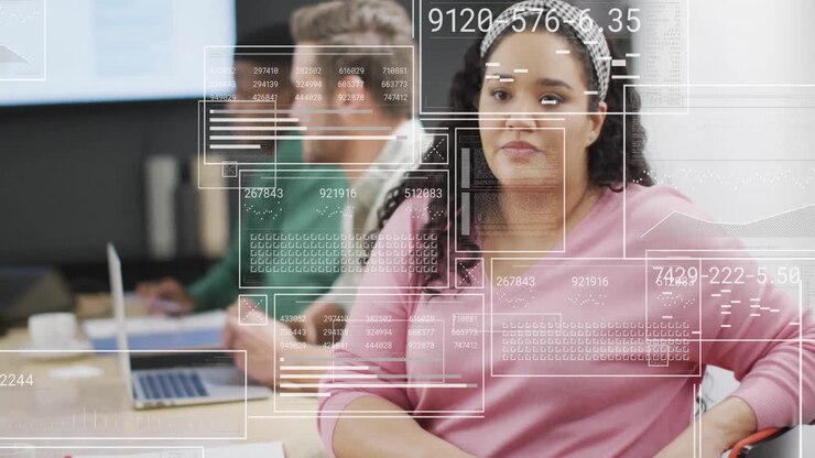 Animazione dell'elaborazione dei dati finanziari su diversi uomini d'affari in ufficio