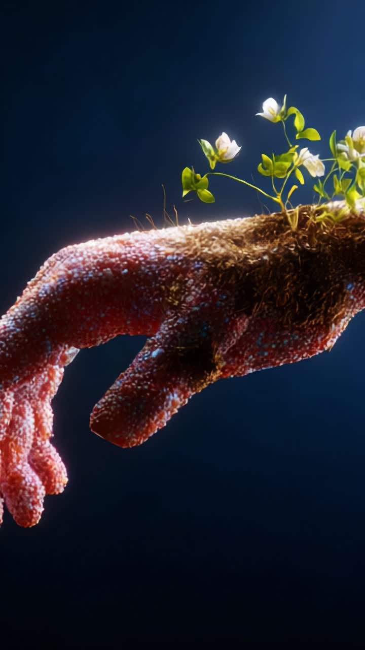 A Vibrant Hand Emerges from the Soil, Nurturing Flowers with Waterfall Streams in a Captivating Display of Nature and Life's Cycle