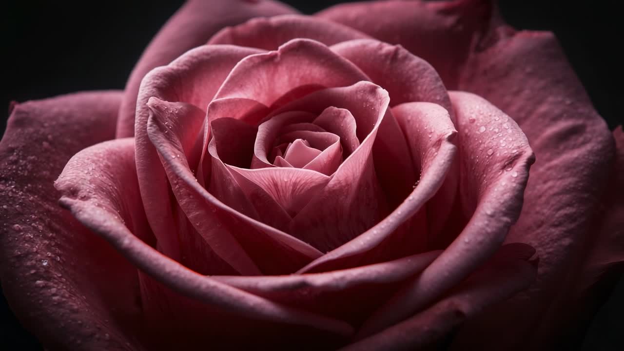 Luce da studio che si sposta guidando la messa a fuoco della camera, rivelando la fioritura di una rosa rosa con rugiada per mostrare la texture