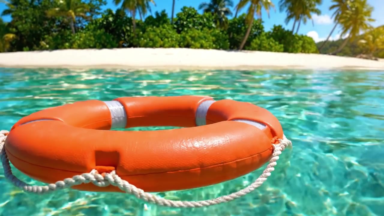 Boia Salva-Vidas Vibrante Flutuando em Águas Tropicais Cristalinas com Vegetação Exuberante e Praia de Areia ao Fundo, Evocando uma Sensação de Relaxamento e Segurança