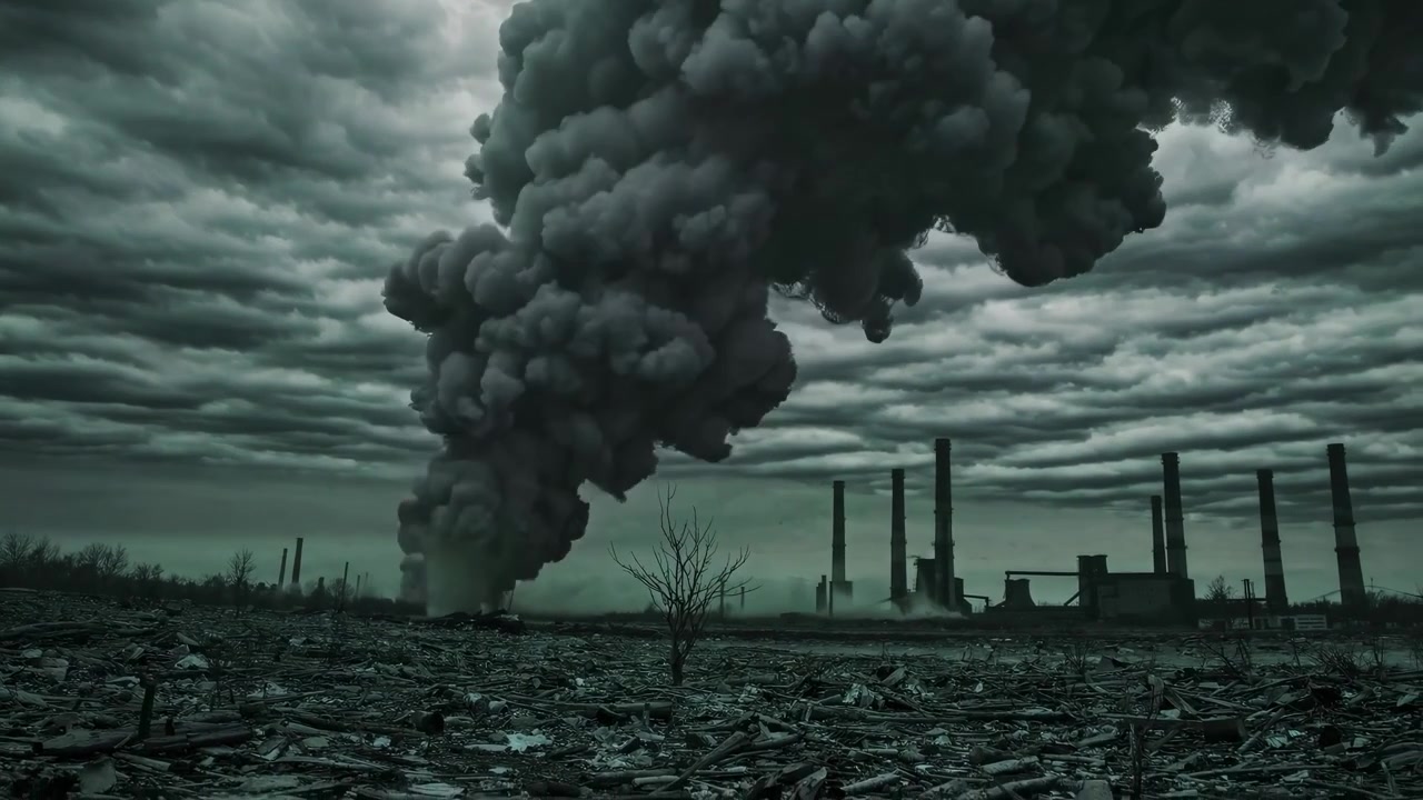 Humo denso y oscuro emanando de fábrica industrial bajo cielo sombrío