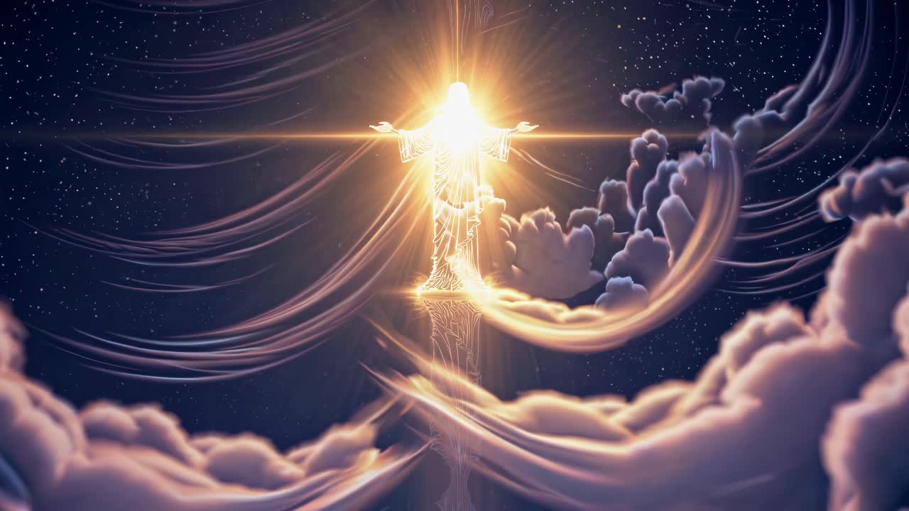 A divine figure emerges from glowing clouds, viewed from a low angle