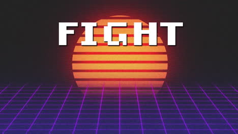 animation of white pixel text fight, over moving purple grid with orange sun