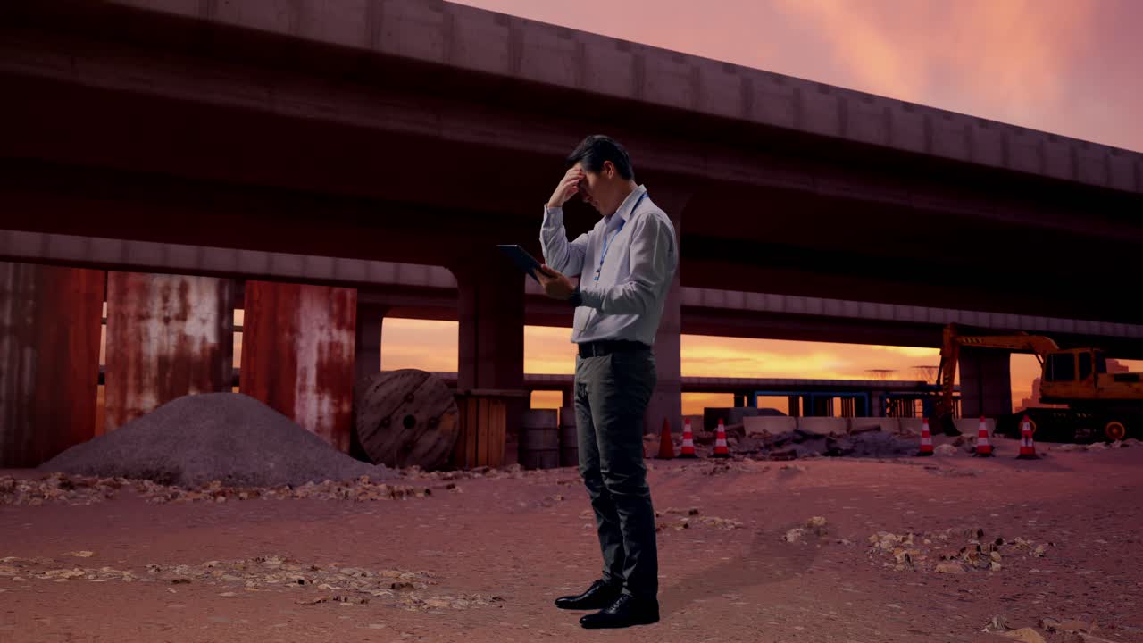 Vista lateral de corpo inteiro de um trabalhador profissional asiático de pé com seu tablet no local de construção de uma rodovia. Ele está balançando a cabeça com decepção