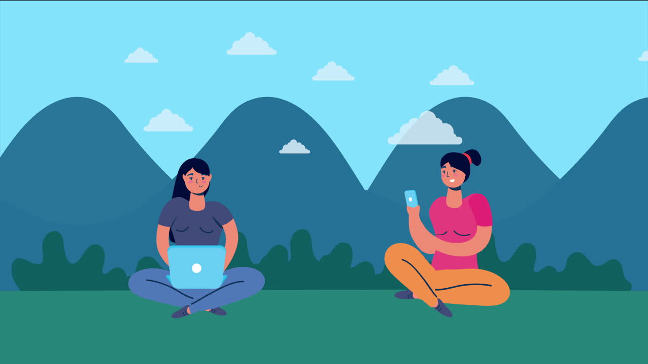 women using smartphone and laptop in the camp