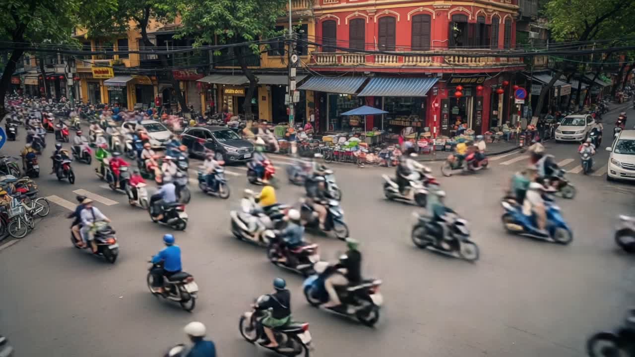 A Bustling Intersection Capturing the Energy of Urban Life, Filled with Motorbikes and Cars Navigating Through a Busy Street Scene
