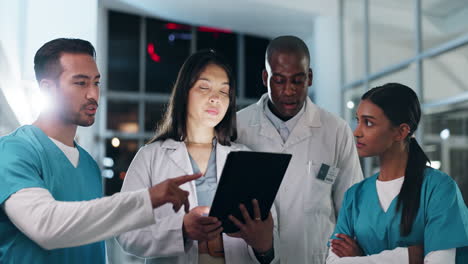 hospital, team and doctors on tablet at night